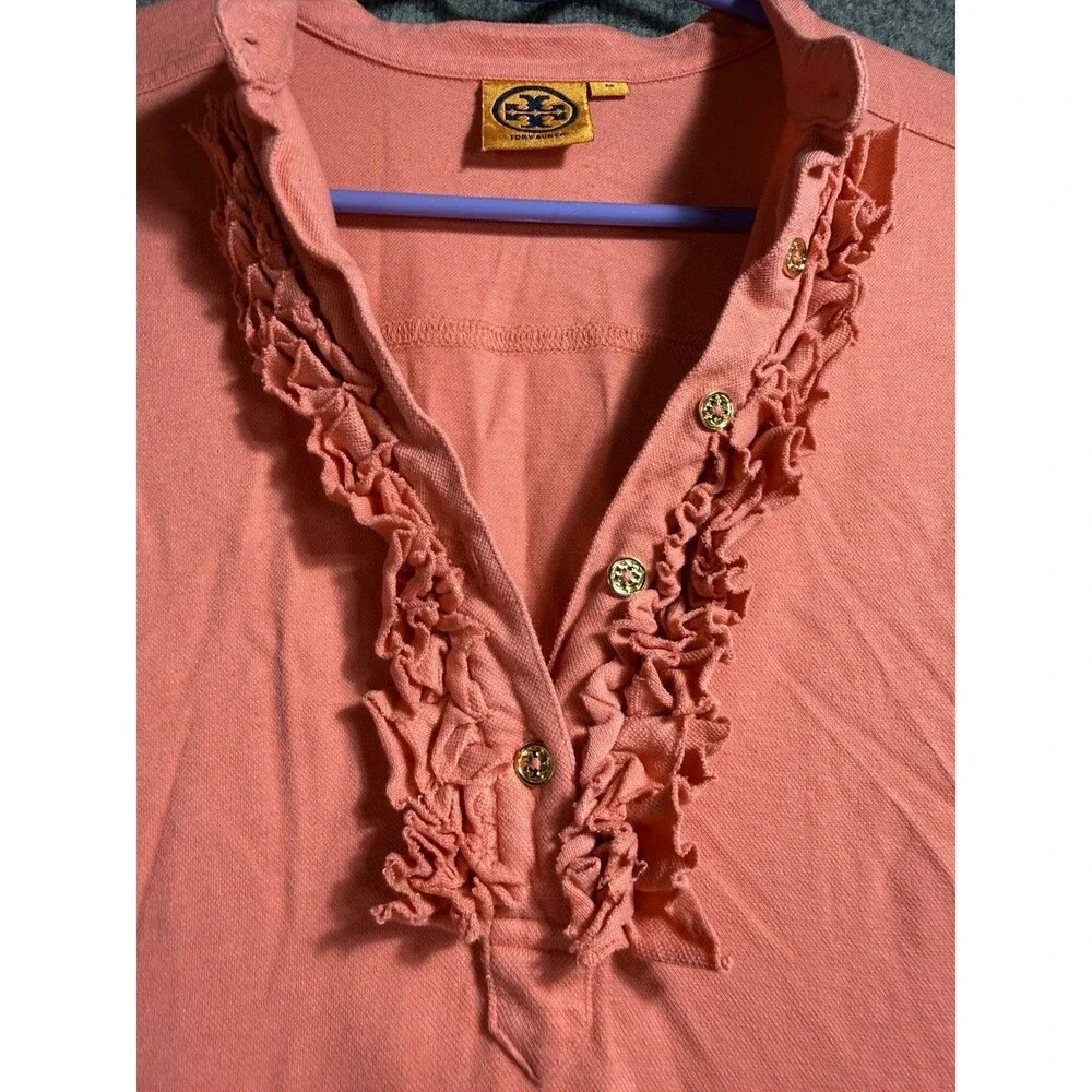 Tory Burch Lidia Long Sleeve Ruffle Polo Shirt Women’s Medium Coral Peach Cotton